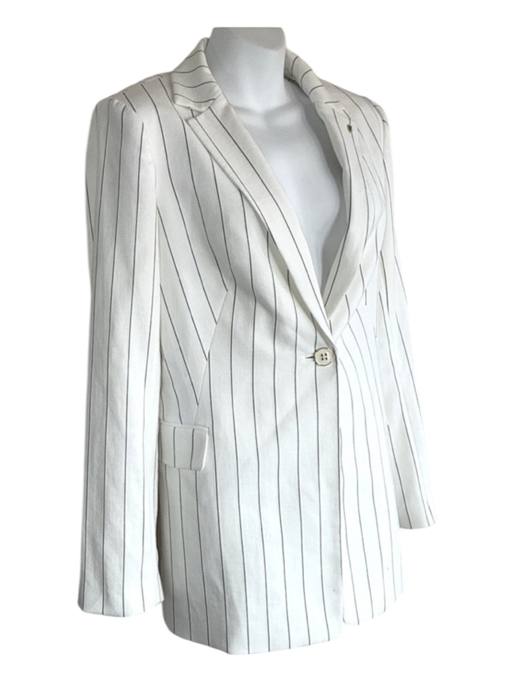 TOMMY HILFIGER Blazer Women's 8, Ivory/Black Pinstripes, gold ‘TH’ on lapel. EUC